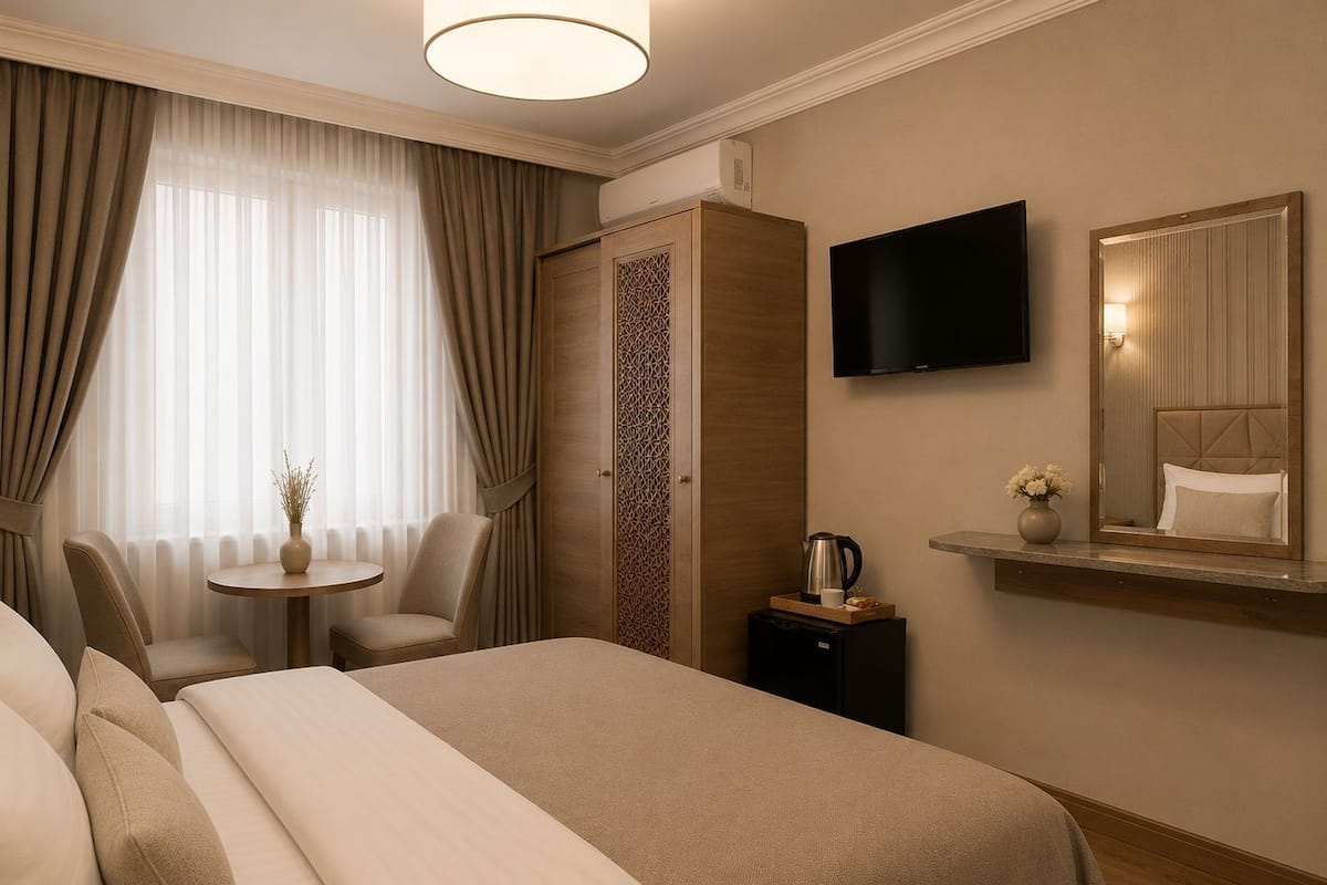 A hotel room with a bed, a chair, a small table, a TV, a mirror, and a coffee maker.