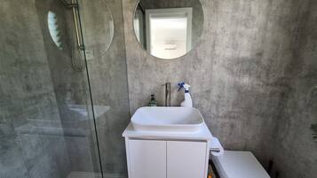 Shower, towels, soap, toilet paper