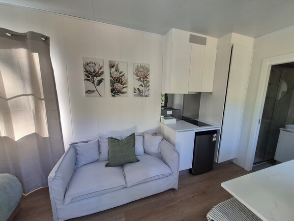 Un espace de vie compact comprenant un canapé, une kitchenette et un coin repas.