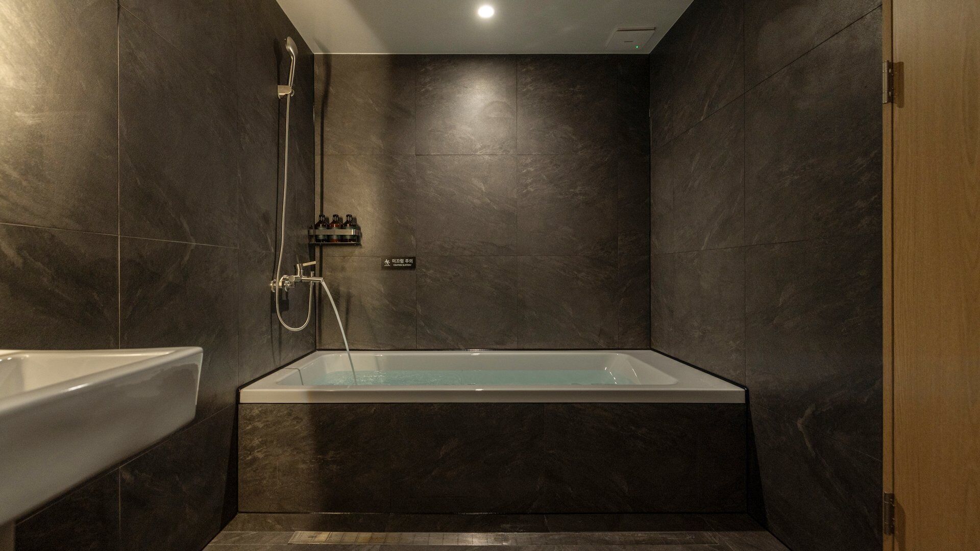 A modern bathroom with a bathtub, shower, and a sink.