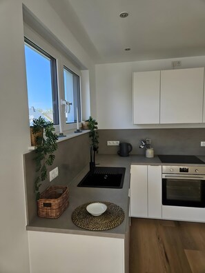 A modern kitchen with a built-in sink, a stove, and a window. - Apartment Julia in a New Building with Balcony (Grafschaft)