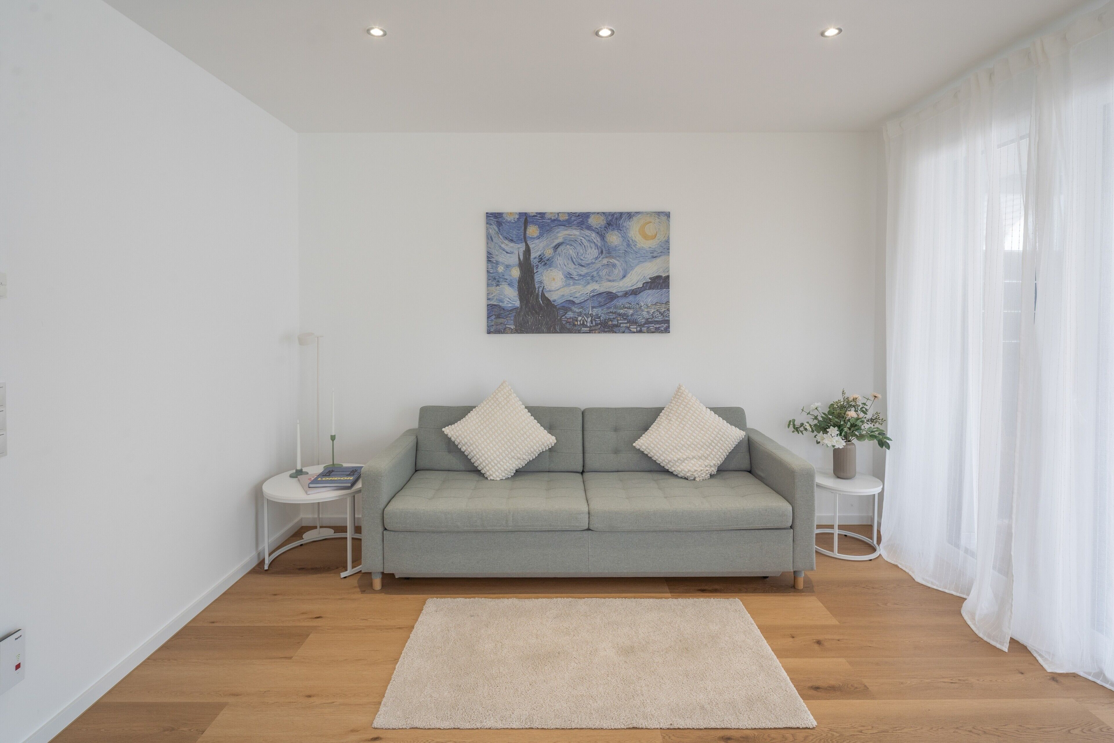 A modern living room with a grey sofa, two white decorative pillows, a painting of a night sky, a small table with a book and a candle, and a white rug on the floor.