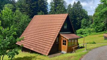 Une petite cabane à un seul étage, dotée d’un toit en pente, entourée d’une végétation luxuriante et d’arbres.