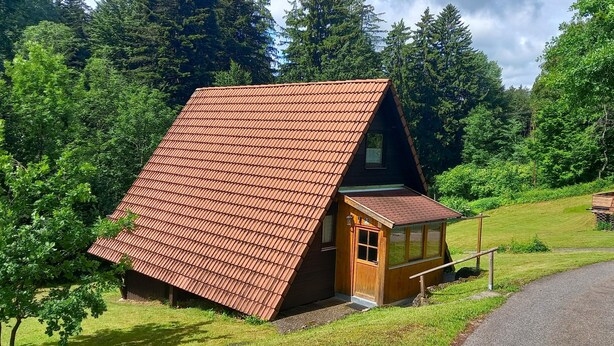 Ein kleines Holzhaus mit schrägem Dach, umgeben von üppigem Grün und Bäumen.