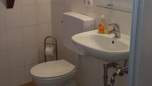 Ein Badezimmer mit Toilette, Waschbecken und Spiegel.