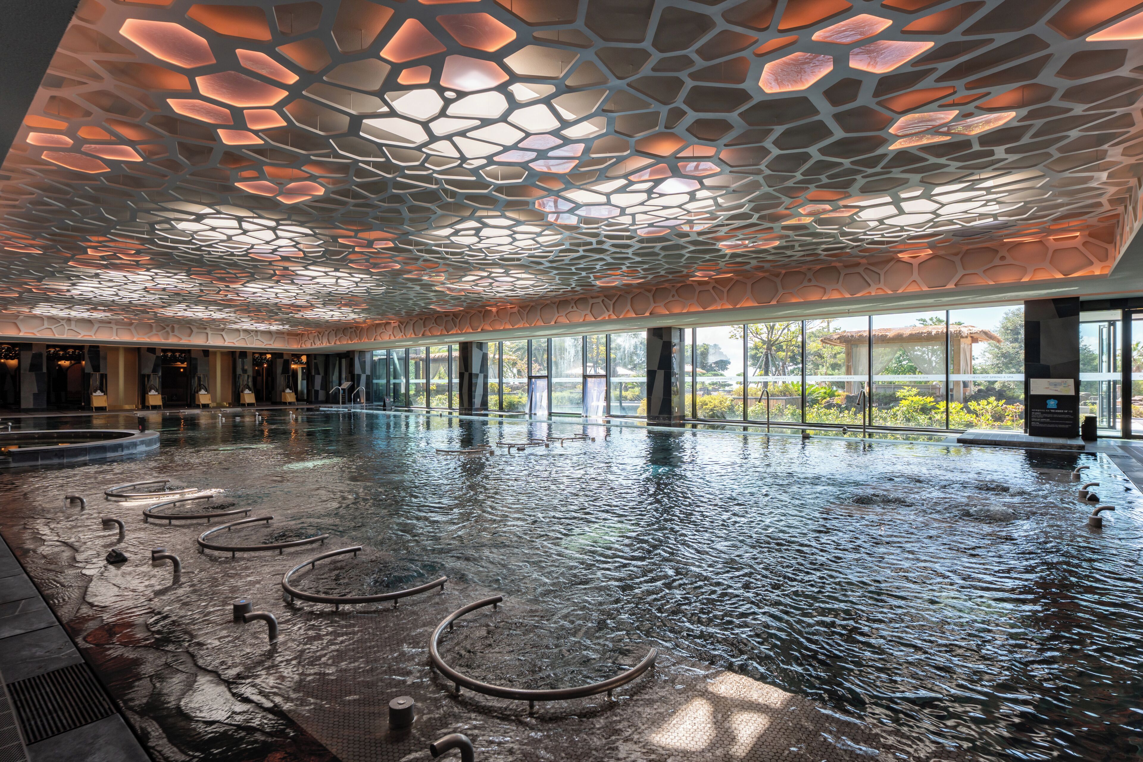 An indoor swimming pool with a unique ceiling design, large windows, and a view of the outdoors.