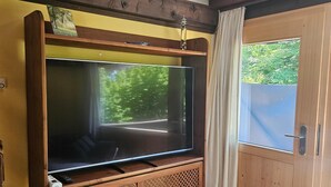 Una habitación con un televisor de pantalla grande sobre un soporte de madera, una puerta de madera con ventanal y un techo de madera con vigas a la vista.
