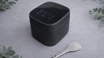A black electronic device with a control panel, a metallic spatula, and green foliage.