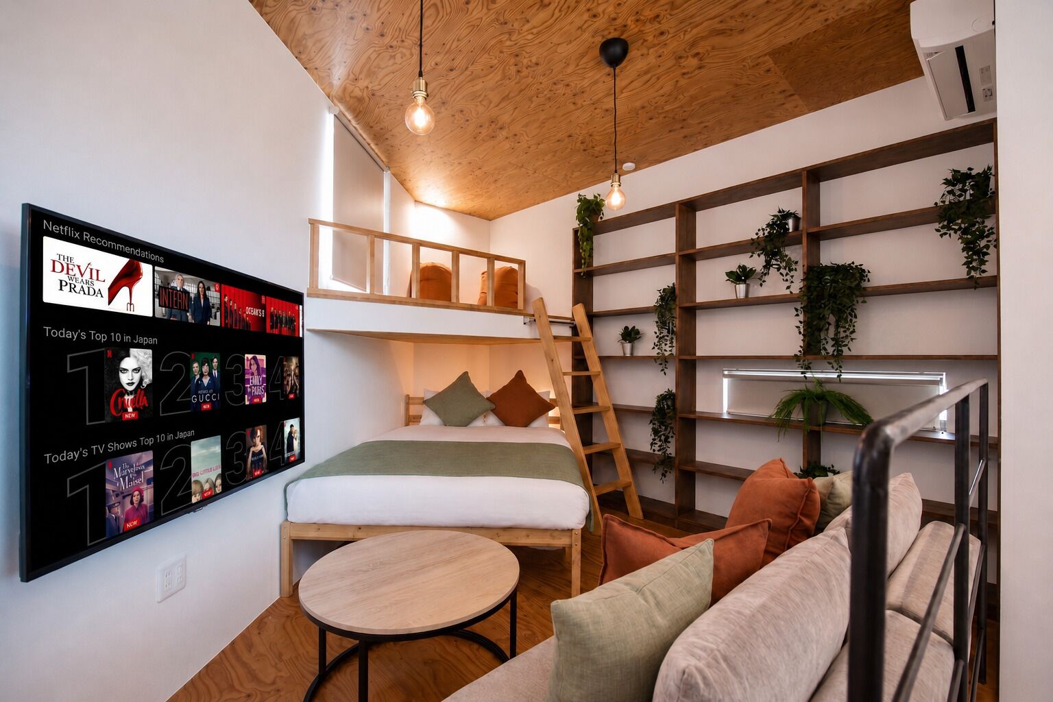 A modern bedroom with a loft bed, a TV displaying Netflix recommendations, and a wooden ceiling.