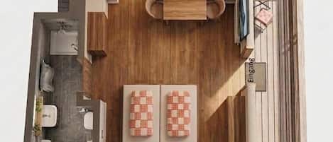 A compact kitchen with a dining area, a small bathroom, and a balcony with seating.