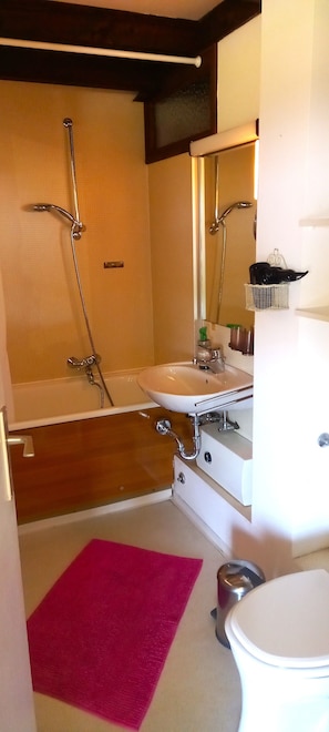 A bathroom with a bathtub, a sink, a toilet, a mirror, and a shower.