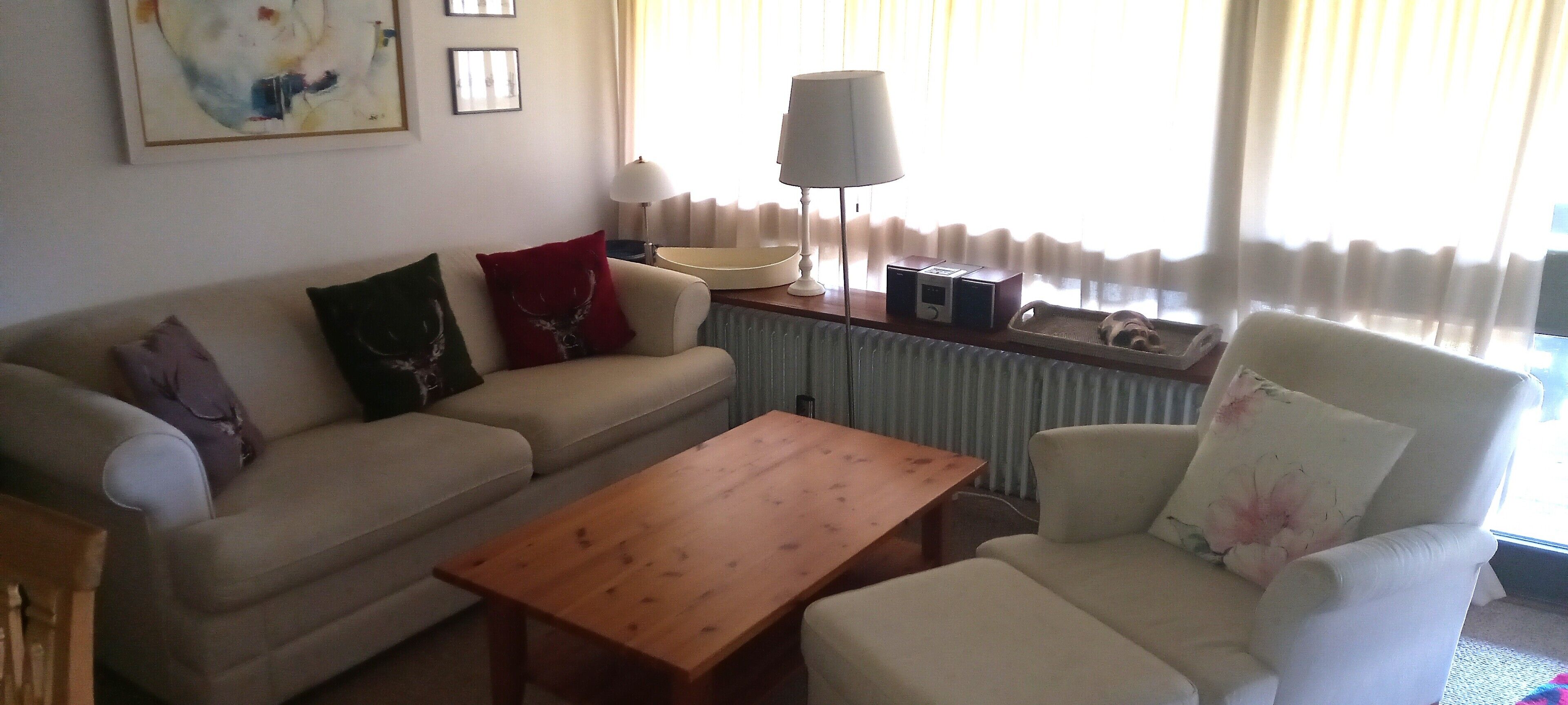 A living room with a sofa, armchair, wooden coffee table, lamp, and a radiator.