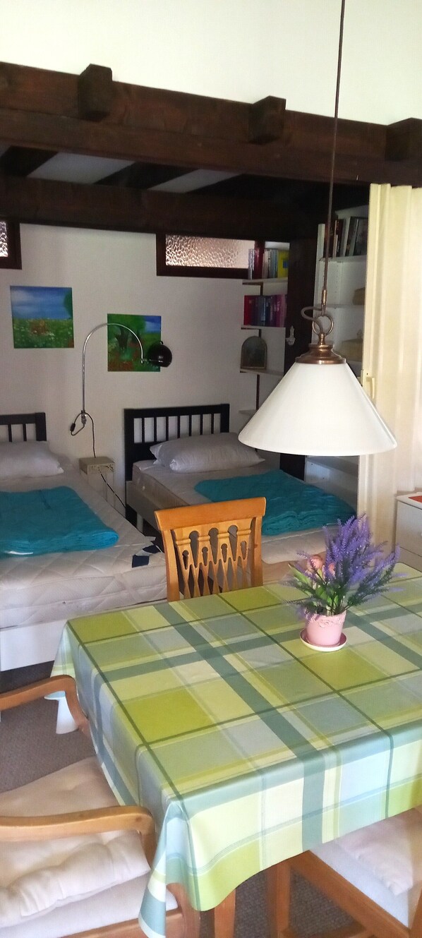 A room with two beds, a table with a checkered tablecloth, a wooden chair, a hanging lamp, and a bookshelf.