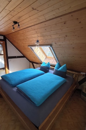 A loft-style bedroom with a sloped ceiling, a skylight, and a bed with blue bedding.