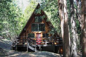 A cabin with a wooden exterior, a front porch, and a staircase leading to the entrance.