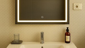 A bathroom with a large mirror, a sink, a faucet, a soap dispenser, and a light switch.