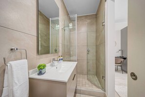 Un bagno moderno con doccia vetrata, un lavandino bianco con un vaso e uno specchio sopra il lavandino.