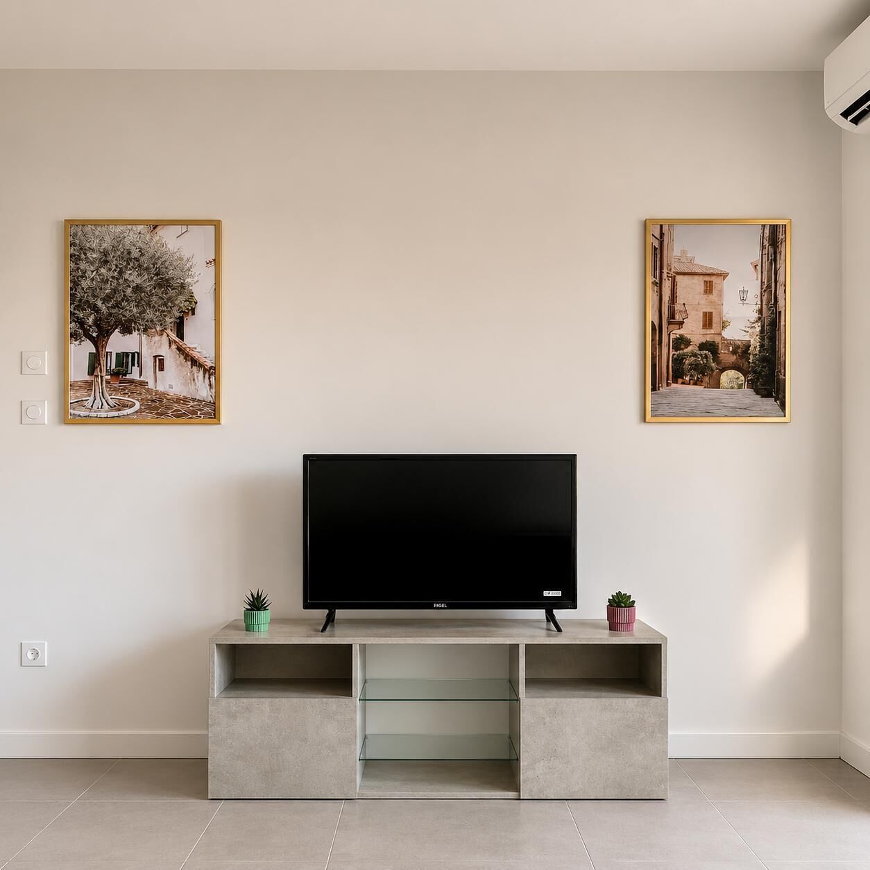 A modern living room with a flat-screen TV on a grey console, two framed pictures on the wall, and a small potted plant on the console.