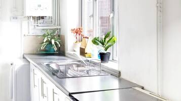 Fridge, microwave, oven, cookware/dishes/utensils