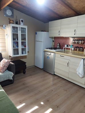 A compact kitchen with a refrigerator, stove, dishwasher, and cabinets. - Escape the noise, hear only nature’s voice (Karacahisar)