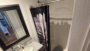 A bathroom with a granite countertop sink, a mirror, a shower with a glass door, and a striped rug on the floor. - THE ONLY HOUSE IN CHANNELSIDE BY WATER STREET (Tampa)