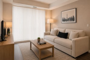 A modern living room with a sofa, a coffee table, a lamp, and a cityscape painting. - Norvian Urban Suites (Toronto)