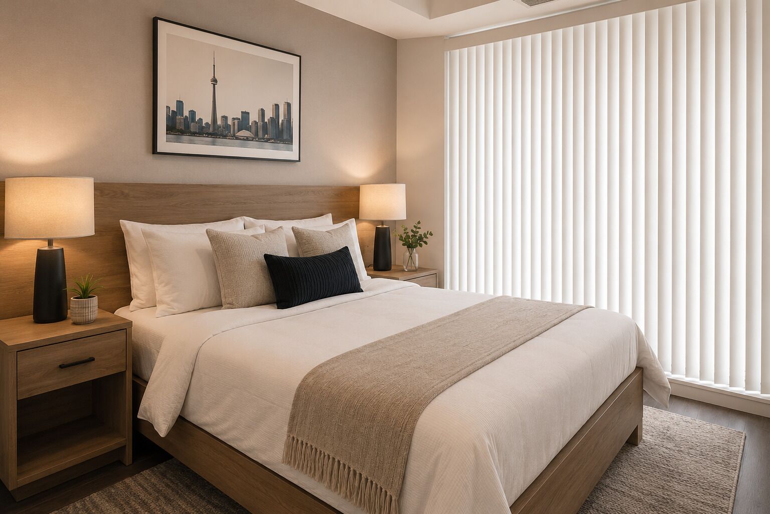 A hotel room with a bed, two bedside tables, a nightstand, a framed cityscape picture, and vertical blinds.