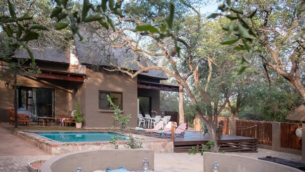 Un espace piscine avec des chaises longues, un jacuzzi et une terrasse couverte.