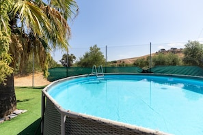 Una piscina amb una escala, envoltada per una tanca i palmeres.