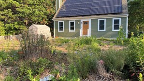 Una casa con paneles solares, una puerta de madera y un jardín con diversas plantas.