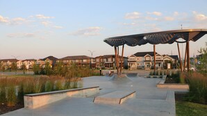 A skate park with concrete ramps and a large metal shelter.