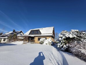 A snow-covered house with a sloped roof, a visible chimney, and a shadow of a person.