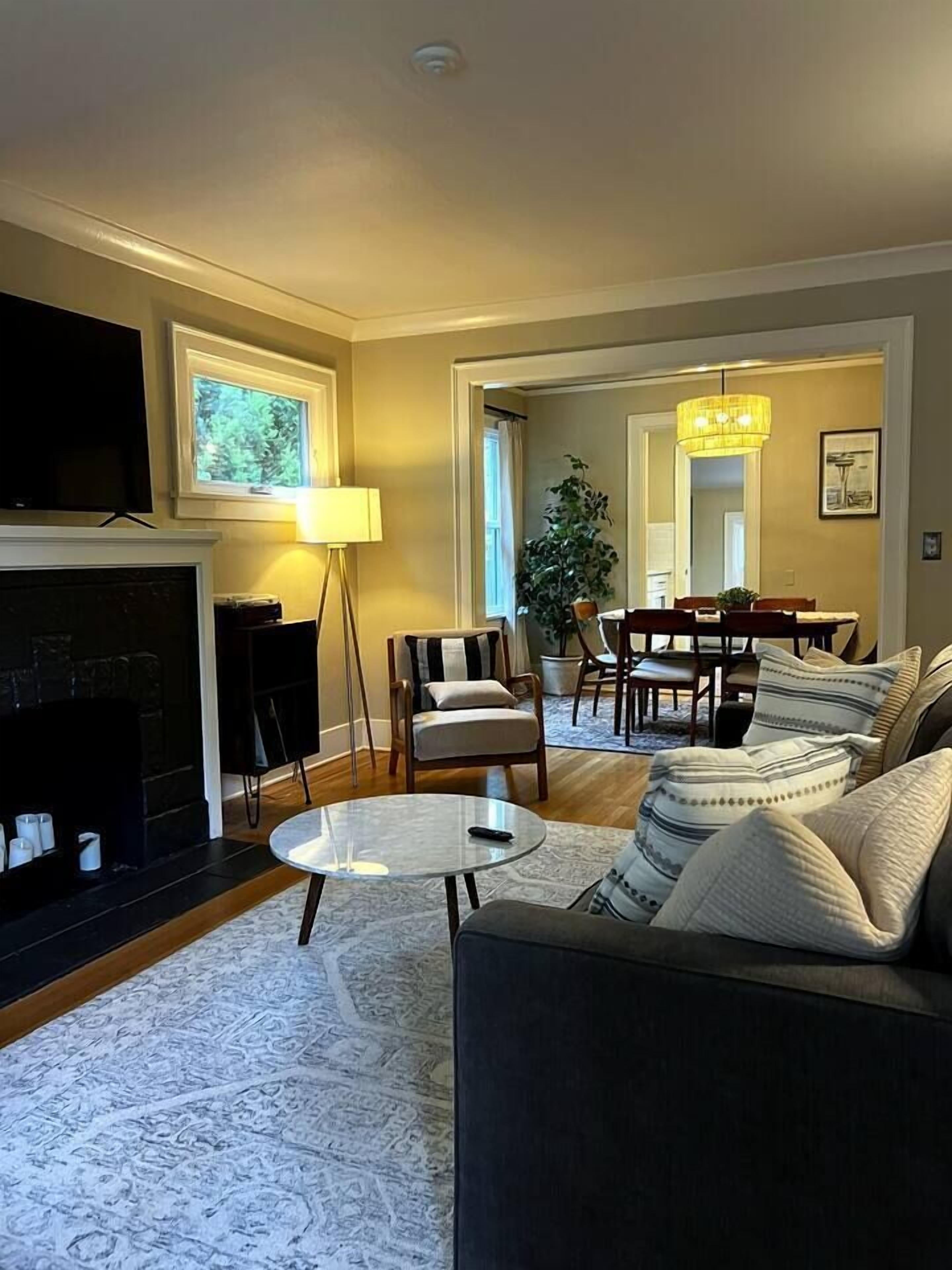 TV, fireplace, books, stereo