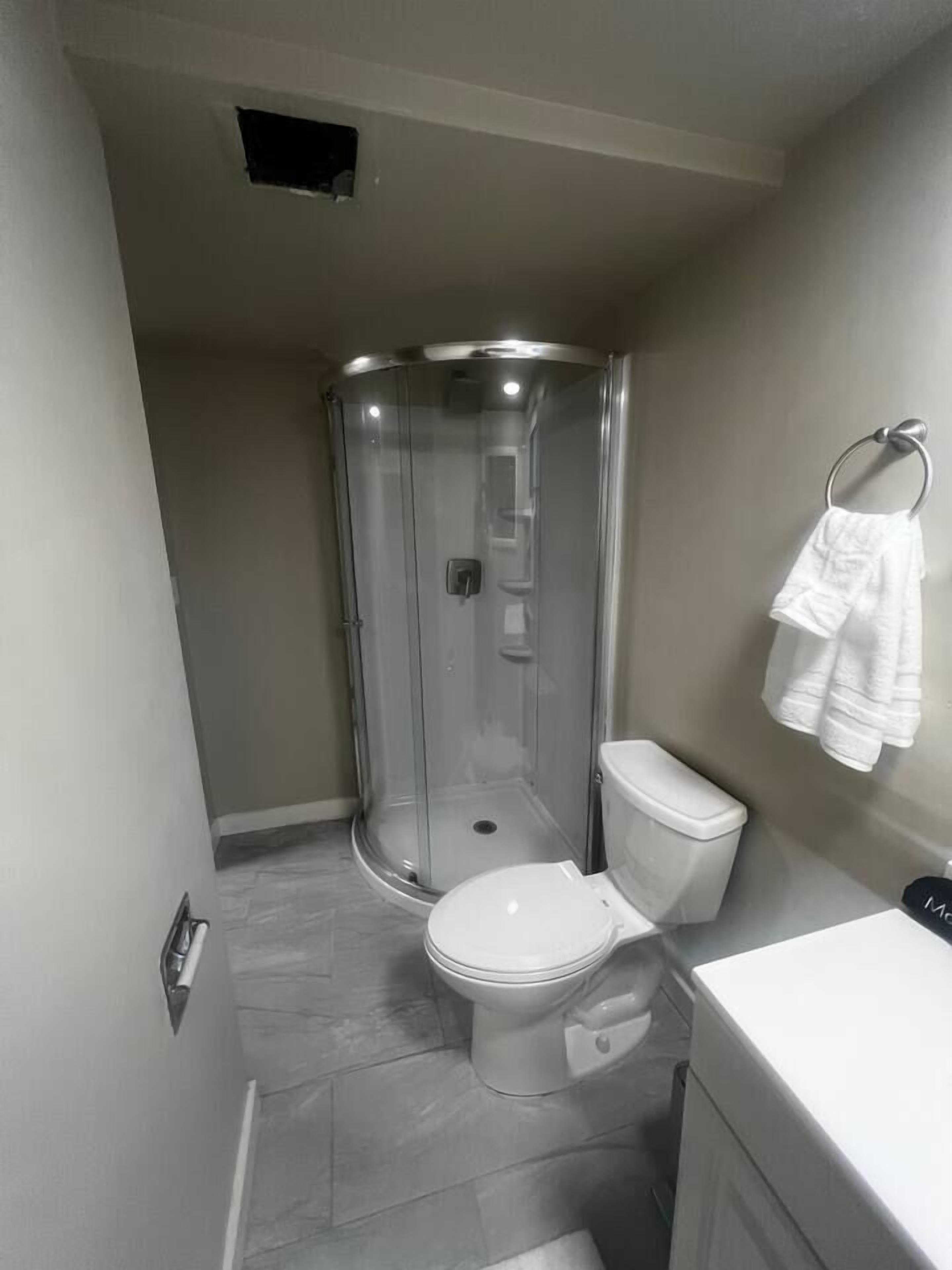 Hair dryer, towels, soap, shampoo
