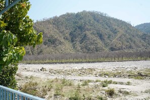 A river with a forested hill in the background.
