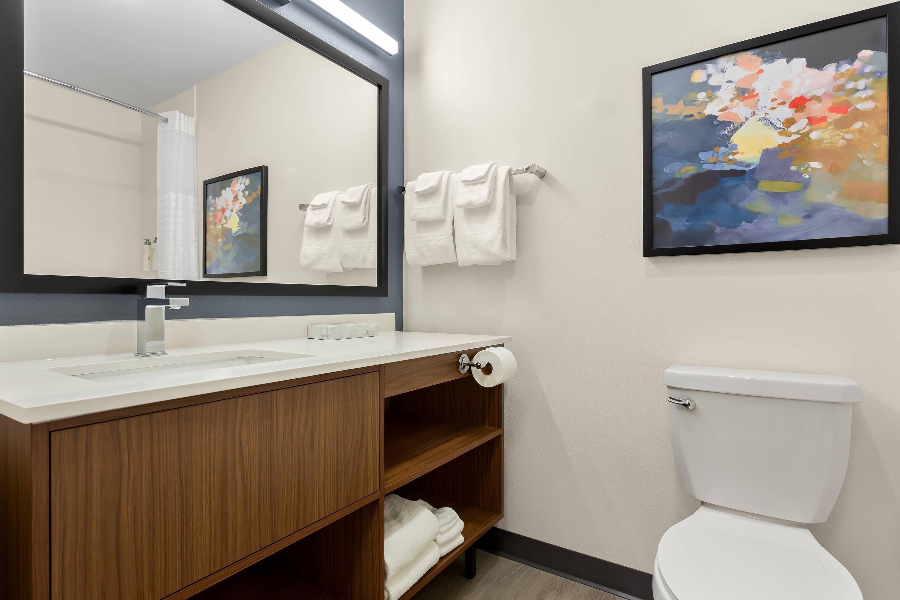 Een moderne badkamer met een houten wastafelmeubel, een toilet en twee ingelijste kunstwerken.