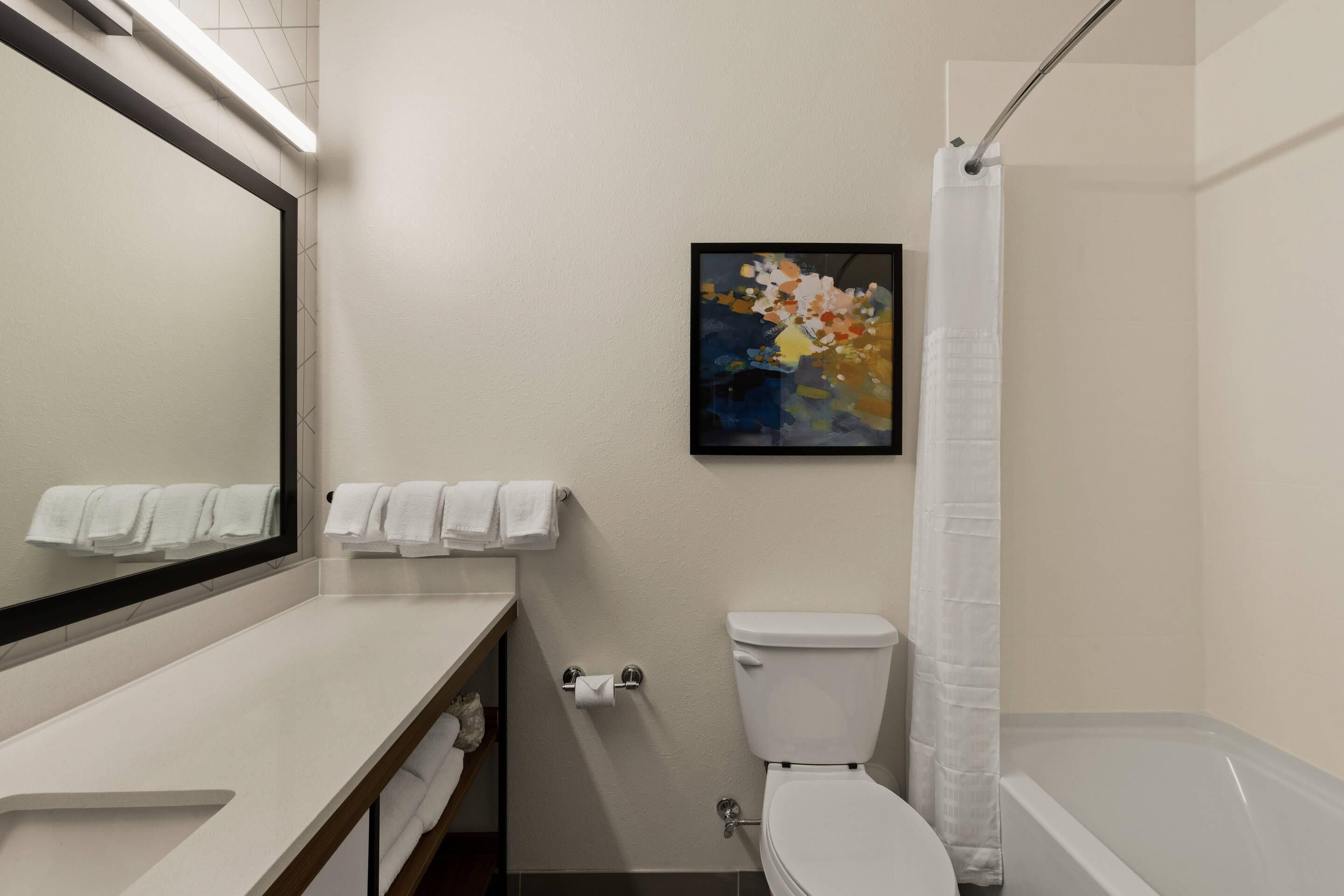 A bathroom with a toilet, sink, mirror, and shower curtain.