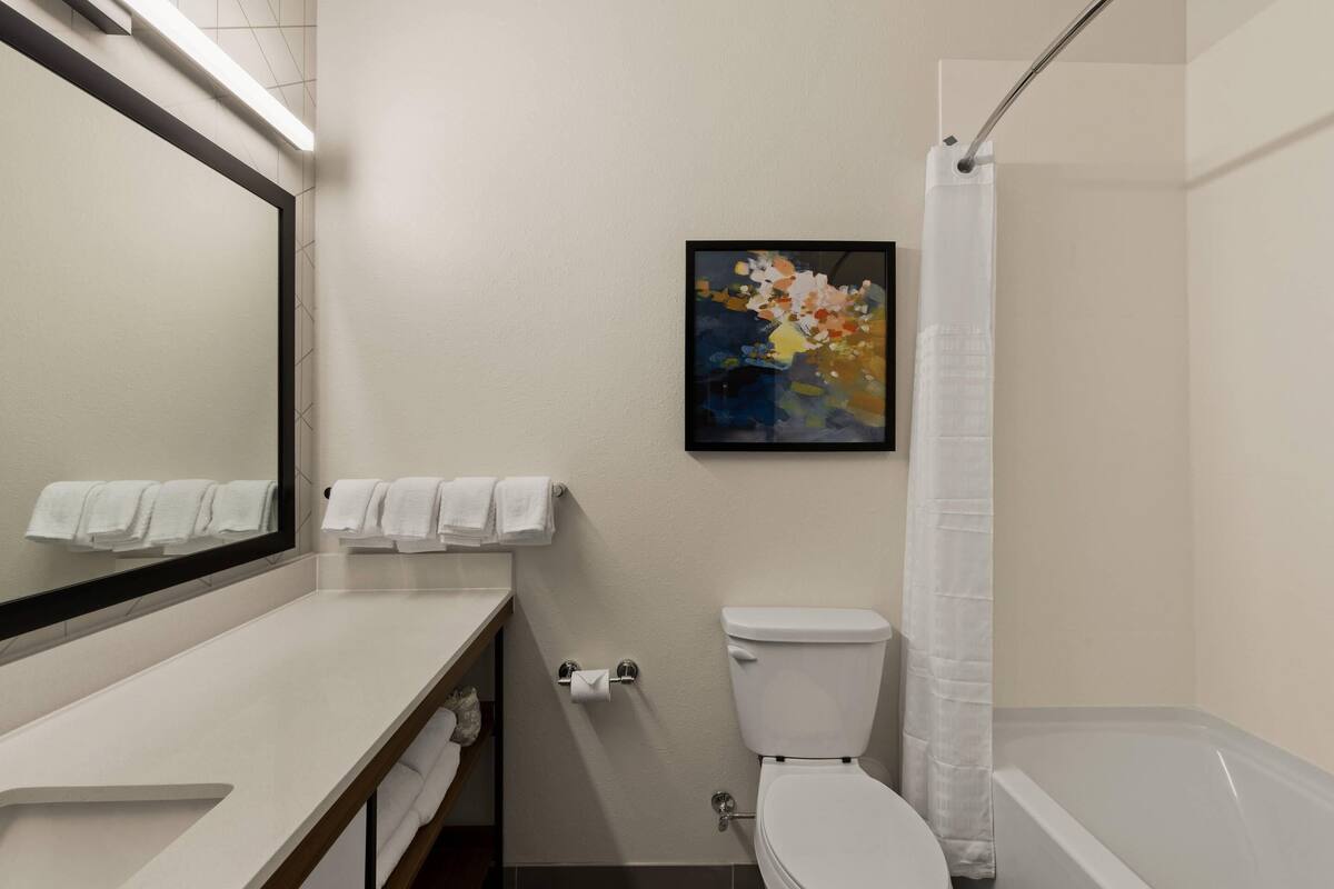 Een badkamer met toilet, wastafel, spiegel en douchegordijn.
