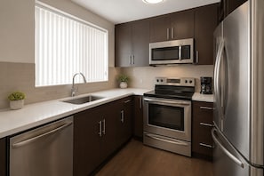 A modern kitchen with stainless steel appliances, a dishwasher, and a window with blinds. - Merona Grand Hotel (Toronto)