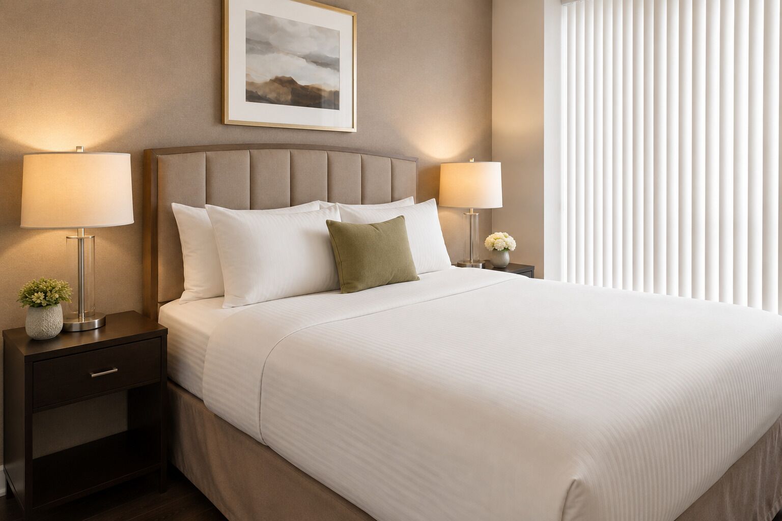 A neatly made bed with a headboard, two bedside tables with lamps, a framed picture on the wall, and a window with blinds.