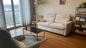 A living room with a sofa, a coffee table, a chair, a lamp, a radiator, and a bookshelf. - 51m² apartment, 1 bedroom, in the very heart of the city with a garage (Aix-les-Bains)