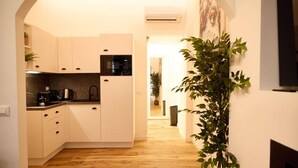 Un estrecho pasillo que lleva a una cocina con piso de madera, una planta en maceta y un aire acondicionado instalado en la pared.
