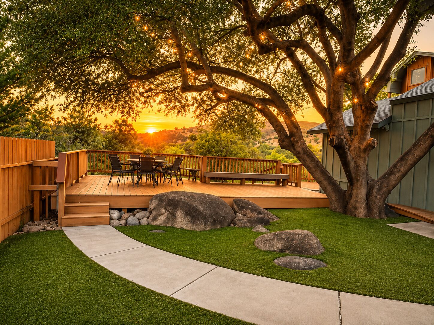 Eine Terrasse mit Gartenmöbeln, einem Steinelement und einem Baum.
