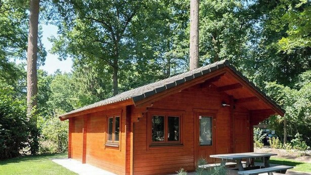 A small wooden cabin with a pitched roof, a front door, and a picnic table in front. - Holiday Home in Maarn With Terrace (Maarn)
