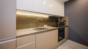 A modern kitchen with a stainless steel sink, a built-in stove, and a dishwasher.