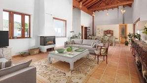 A spacious living area with a fireplace, a dining area, and a kitchen.