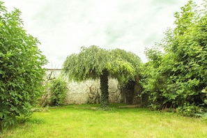Une cour bordée d’un mur de pierre, avec un arbre et une végétation luxuriante.