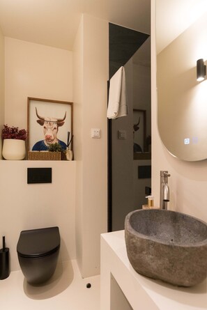 Een moderne badkamer met een zwart toilet, een wastafel van natuursteen en een kunstwerk van een stier in een lijst.