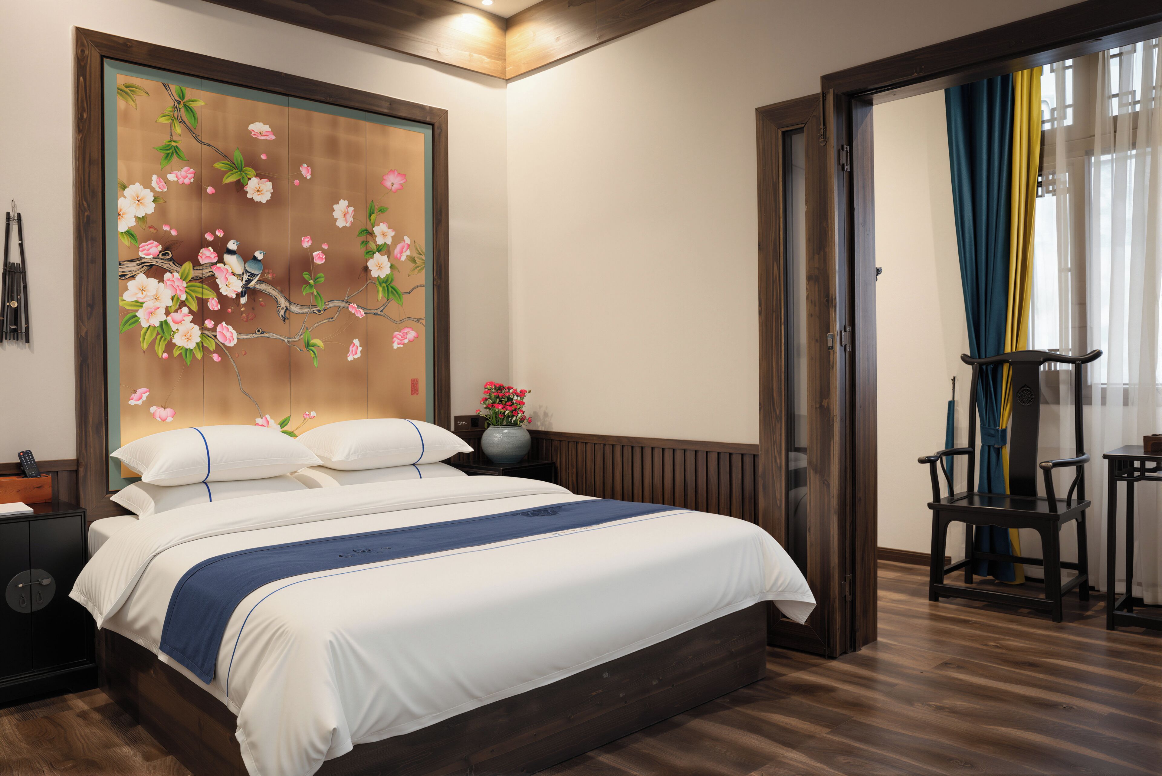 Una habitación de hotel con una cama, una mesita de noche y un cuadro floral en la pared.