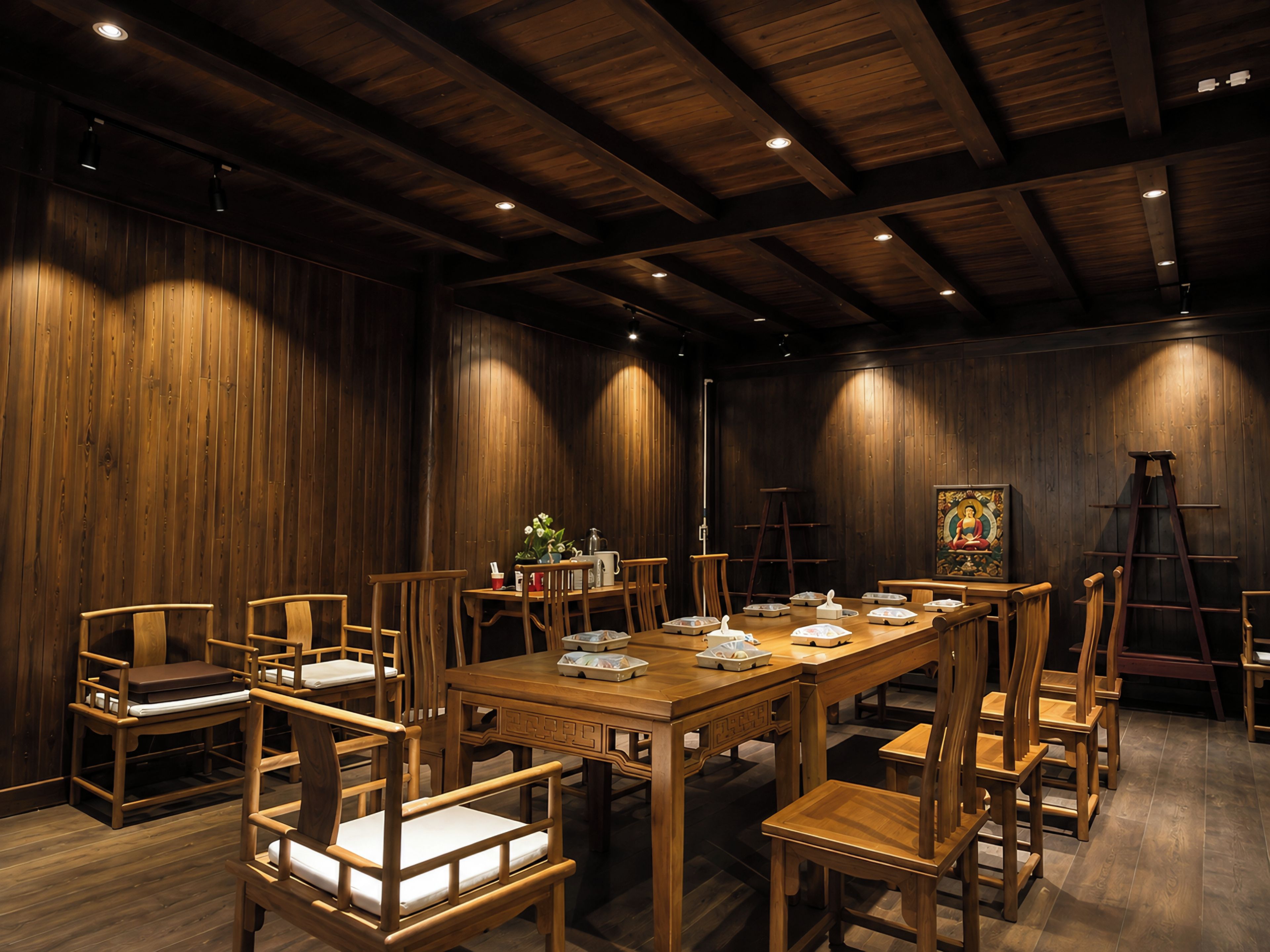 A dining area with wooden furniture and a painting on the wall.